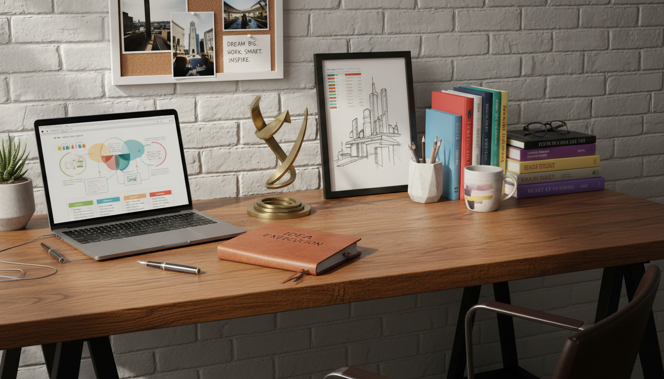a smart and tidy desk with signs of a creative leader's personality, photo-realistic style