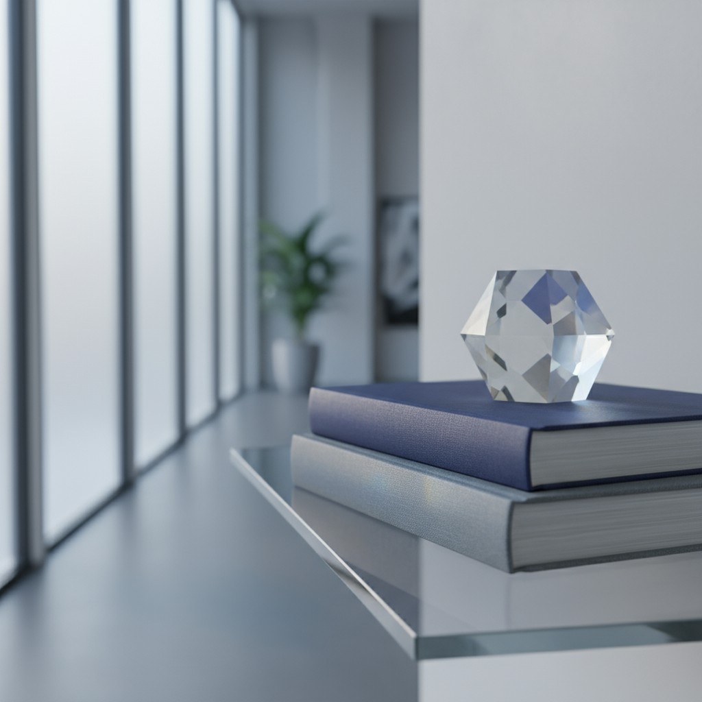 A close-up shot of an office setting, featuring two books on a glass table, with a crystal object sitting atop the dark bl...