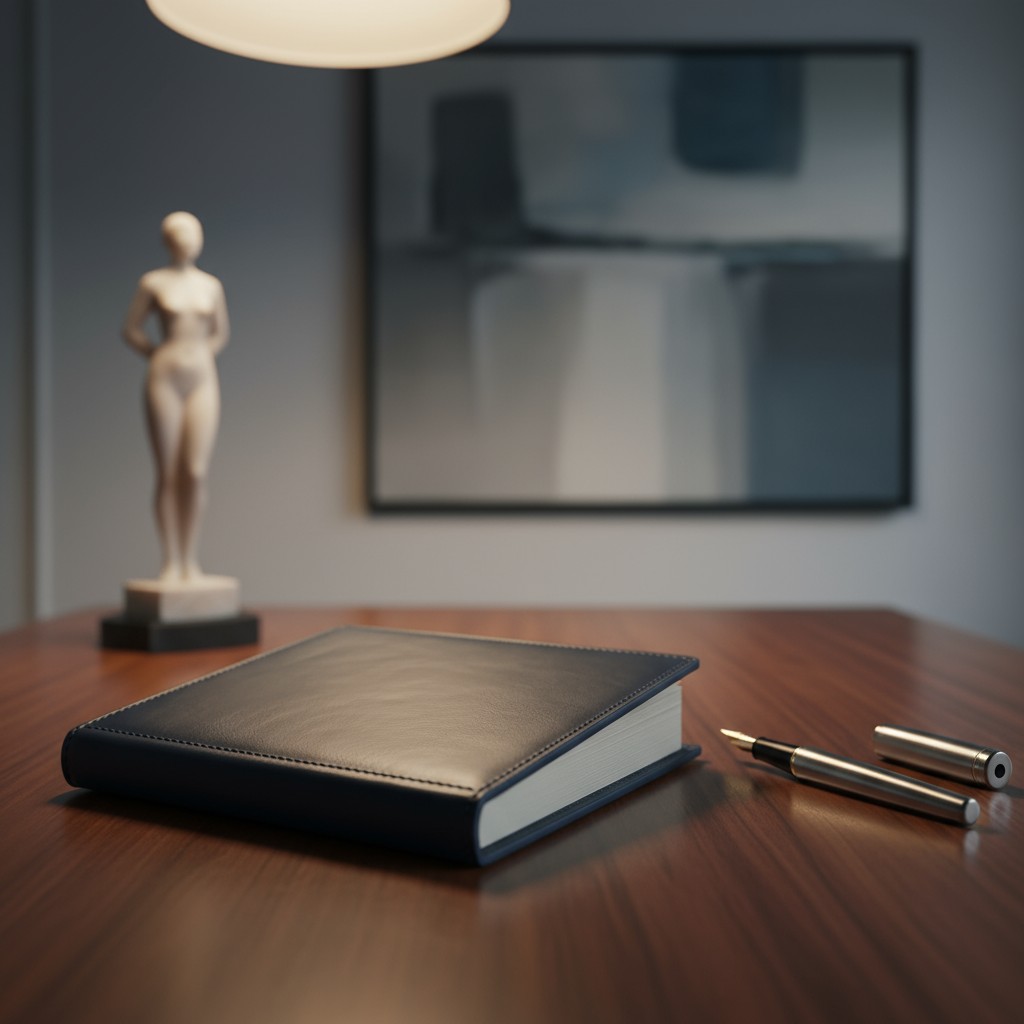 A modern art gallery room with a dark gray journal, a fountain pen, a sculpture, and a painting on a wooden table
